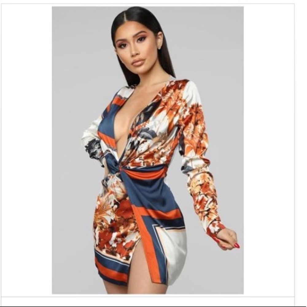 Long sleeve Multi-color mini satin dress